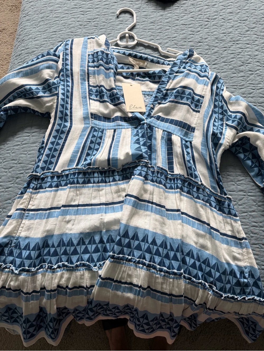 Elan Blue & White V-Neck Patterned Tunic